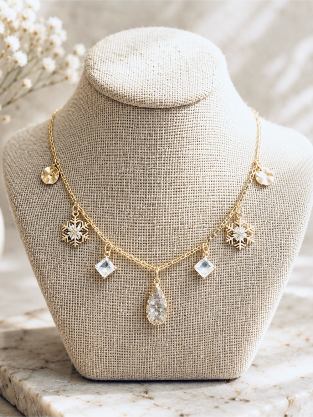 Gold Snowflake & Crystal Charm Necklace - Women Jewelry